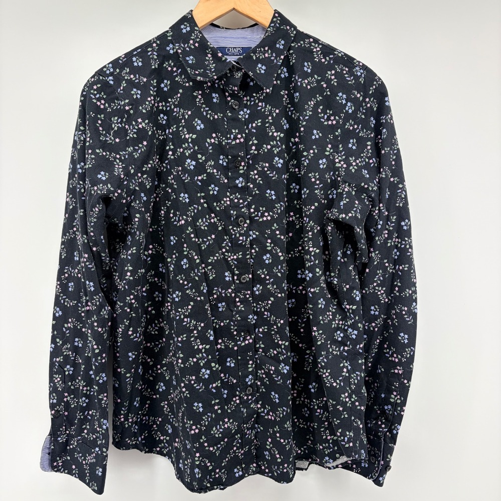Chaps Shirt Womens Large Black Floral No Iron Long Sleeve Button Down Blouse